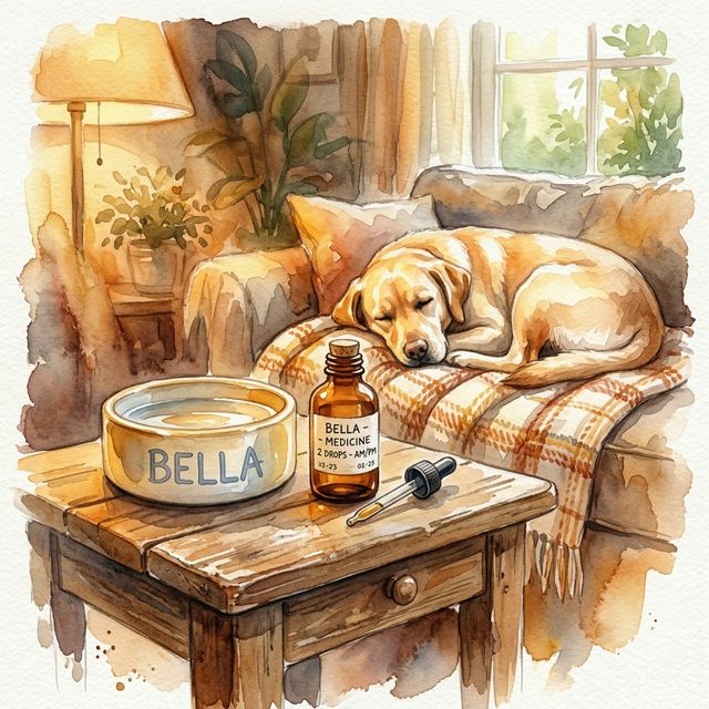Watercolor of a senior golden retriever sleeping peacefully on a warm blanket