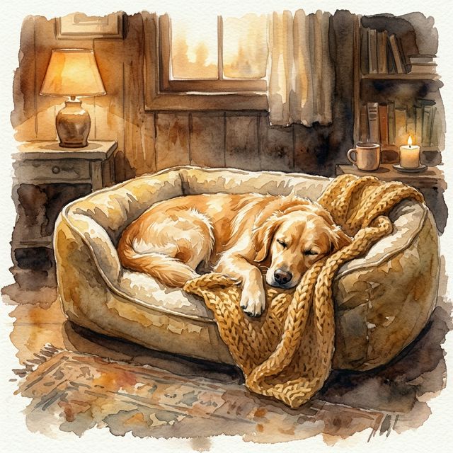 Watercolor of a senior dog sleeping peacefully in a cozy bed