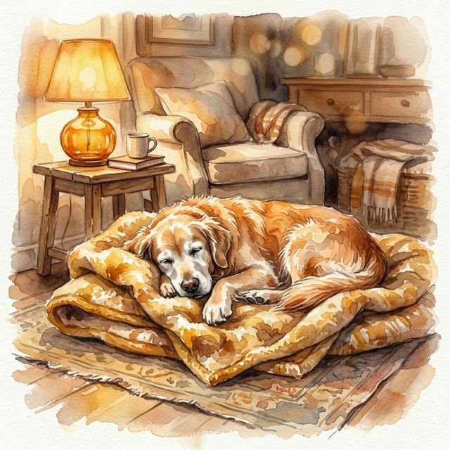 Watercolor of a senior dog resting peacefully with comfort care