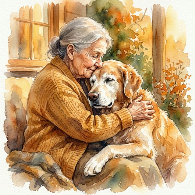 Watercolor of an owner lovingly embracing their senior golden retriever