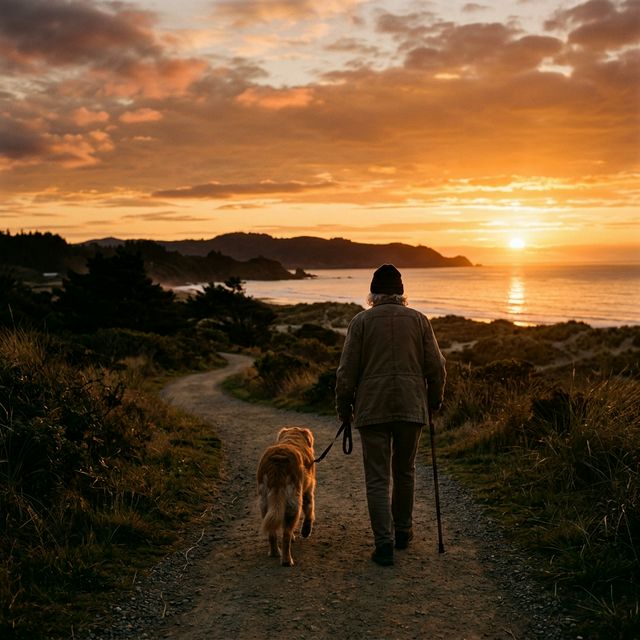 Owner walking with their golden retriever along a sunset coastal path
